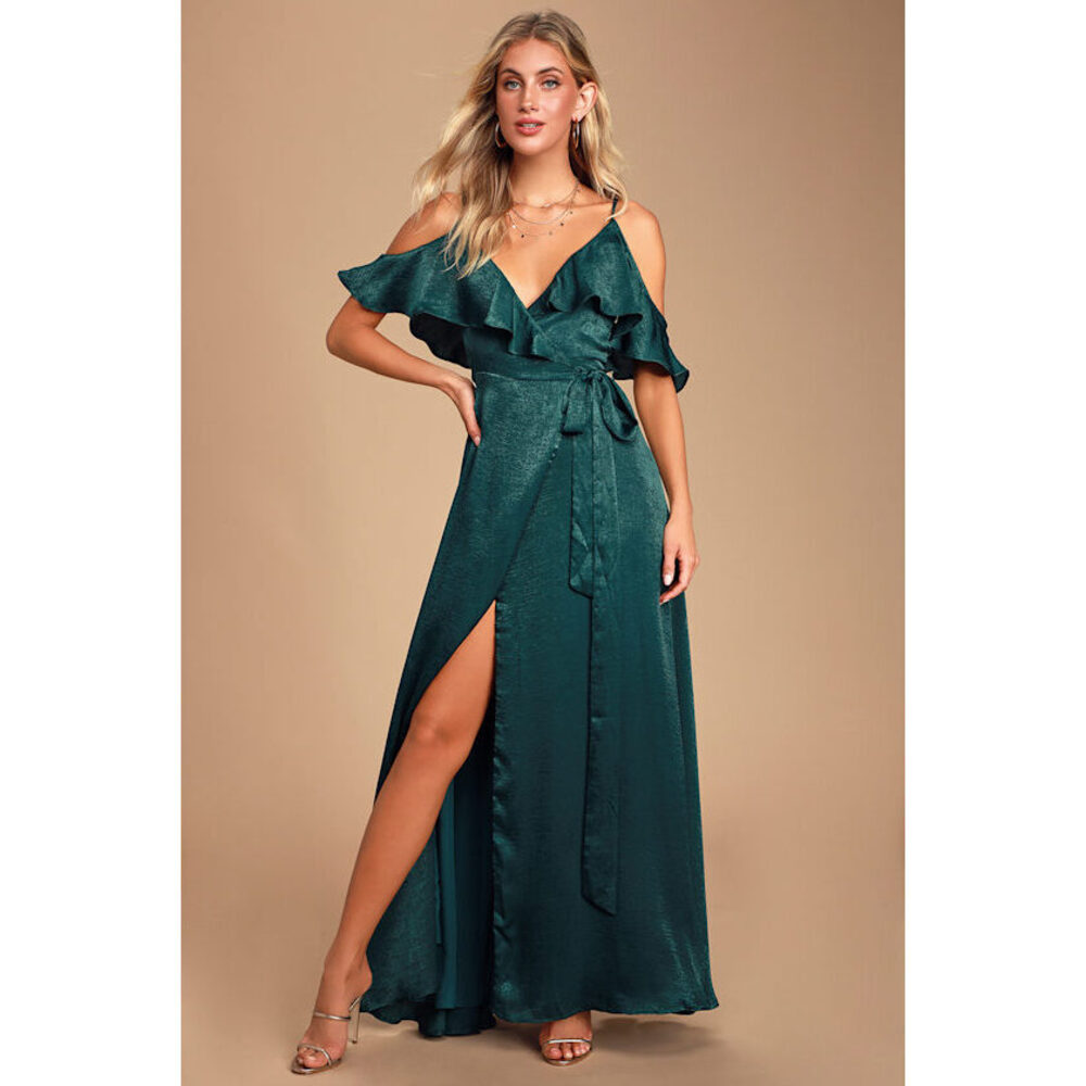 Lulus Moriah Emerald Green Satin Wrap Maxi Dress - Size M